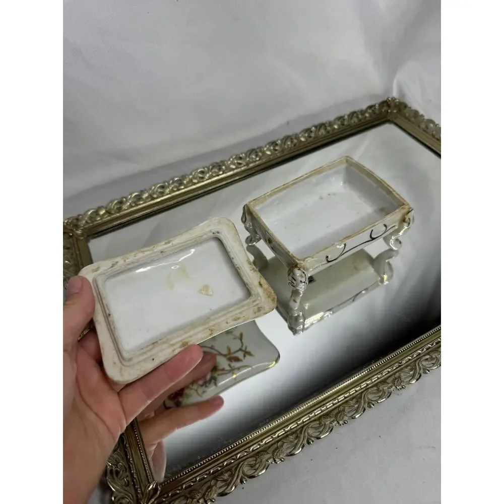 Vtg Arnart Creations Lidded Footed Trinket Dish w/ Gold Trim and Rose Transfer